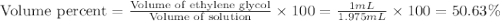 \text{Volume percent}=\frac{\text{Volume of ethylene glycol}}{\text{Volume of solution}}\times 100=\frac{1mL}{1.975mL}\times 100=50.63\%