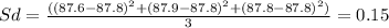 Sd=\frac{((87.6-87.8)^{2} +(87.9-87.8)^{2} +(87.8-87.8)^{2} )}{3} = 0.15