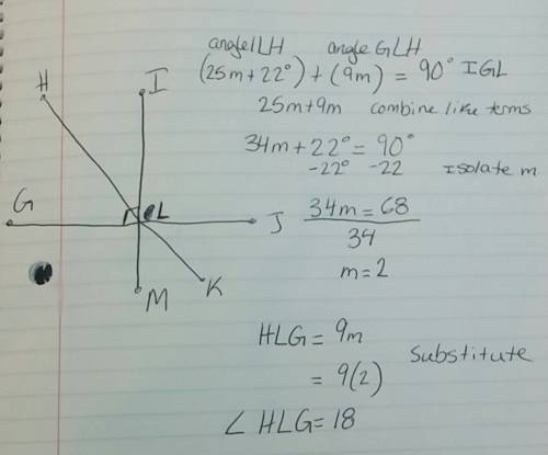 What is m∠hlg ?  enter your answer in the box. ° line i m and line g j intersect at a right angle at