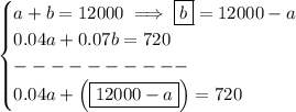 \bf \begin{cases}&#10;a+b=12000\implies \boxed{b}=12000-a\\&#10;0.04a+0.07b=720\\&#10;----------\\&#10;0.04a+\left( \boxed{12000-a} \right)=720&#10;\end{cases}