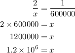 \begin{aligned}\frac{2}{x} &= \frac{1}{{600000}} \\ 2 \times 600000 &= x \\1200000 &= x \\ 1.2 \times {10^6} &= x \\\end{aligned}