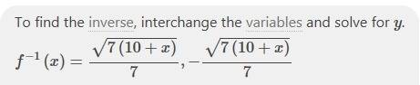 Which equation is the inverse of y=7x^2-10