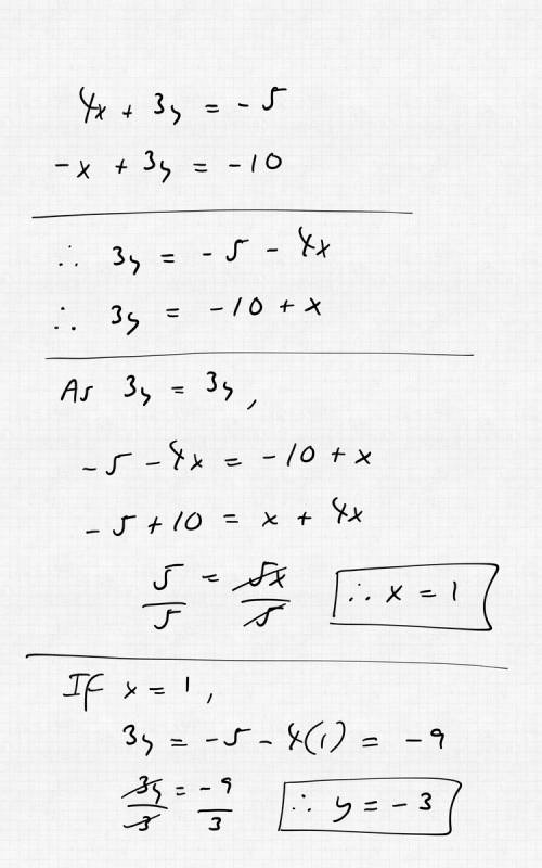 4x+3y=-5 -x+3y=-10 what is the answer