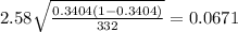 2.58 \sqrt{ \frac{0.3404(1-0.3404)}{332} } =0.0671