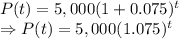 P(t)=5,000(1+0.075)^t\\\Rightarrow P(t)=5,000(1.075)^t