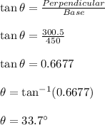 \tan \theta=\frac{Perpendicular}{Base}\\\\\tan \theta=\frac{300.5}{450}\\\\\tan \theta=0.6677\\\\\theta=\tan^{-1}(0.6677)\\\\\theta=33.7^\circ