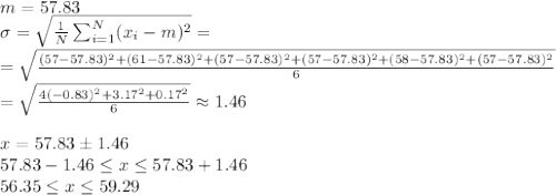 m=57.83&#10;\\ \sigma= \sqrt{ \frac{1}{N} \sum_{i=1}^{N}(x_i-m)^2 } =&#10;\\= \sqrt{ \frac{(57-57.83)^2+(61-57.83)^2+(57-57.83)^2+(57-57.83)^2+(58-57.83)^2+(57-57.83)^2}{6} } &#10;\\= \sqrt{ \frac{4(-0.83)^2+3.17^2+0.17^2}{6} } \approx 1.46&#10;\\&#10;\\x=57.83 \pm 1.46&#10;\\57.83-1.46 \leq x \leq 57.83+1.46&#10;\\56.35 \leq x \leq 59.29
