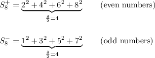 S_8^+=\underbrace{2^2+4^2+6^2+8^2}_{\frac{8}{2}=4}\qquad\text{(even numbers)}\\\\\\&#10;S_8^-=\underbrace{1^2+3^2+5^2+7^2}_{\frac{8}{2}=4}\qquad\text{(odd numbers)}\\\\\\