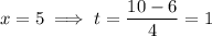 x=5\implies t=\dfrac{10-6}4=1