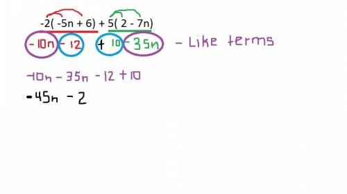 Expand the expression and combine like terms:  −2(−5n+6)+5(2−7n)