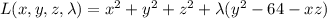 L(x,y,z,\lambda)=x^2+y^2+z^2+\lambda(y^2-64-xz)