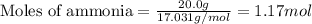 \text{Moles of ammonia}=\frac{20.0g}{17.031g/mol}=1.17mol