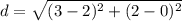d=\sqrt{(3-2)^{2}+(2-0)^{2}}