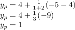 y_p=4+\frac{1}{1+2}(-5-4)\\y_p=4+\frac{1}{3}(-9)\\y_p=1