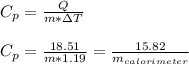 C_{p}=\frac{Q}{m*\Delta T} \\\\C_{p}=\frac{18.51}{m*1.19}=\frac{15.82}{m_{calorimeter}}