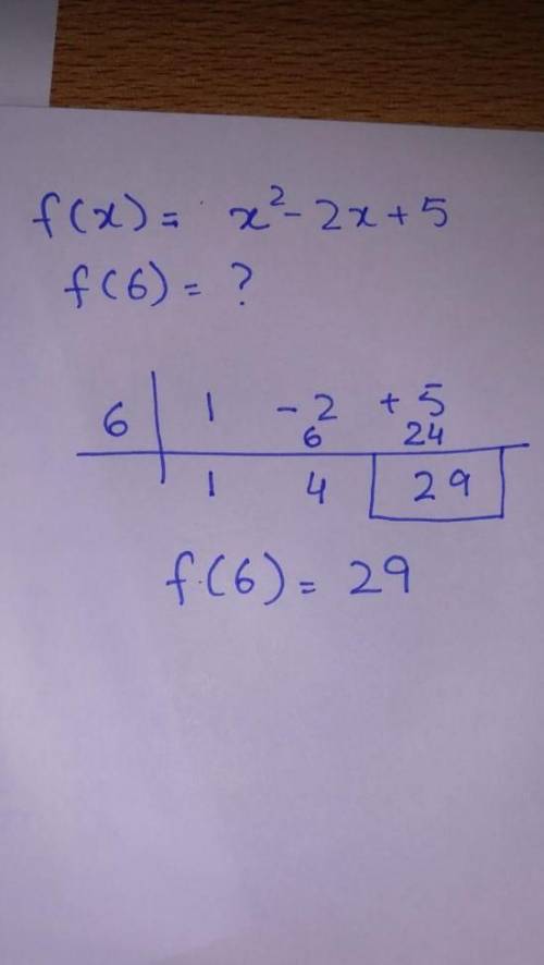 Find f ( 6 ) using synthetic division if f ( x ) = x^2 − 2x + 5.