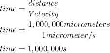 time = \dfrac{distance}{Velocity}\\\\time=\dfrac{1,000,000micrometers}{1micrometer/s}\\\\time=1,000,000s