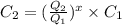 C_2 = (\frac{Q_2}{Q_1} )^{x} \times C_1