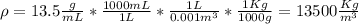 \rho=13.5\frac{g}{mL}*\frac{1000mL}{1L}*\frac{1L}{0.001m^{3}}*\frac{1Kg}{1000g}   =13500\frac{Kg}{m^{3}}