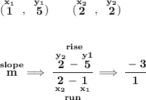 \bf (\stackrel{x_1}{1}~,~\stackrel{y_1}{5})\qquad (\stackrel{x_2}{2}~,~\stackrel{y_2}{2}) \\\\\\ \stackrel{slope}{m}\implies \cfrac{\stackrel{rise} {\stackrel{y_2}{2}-\stackrel{y1}{5}}}{\underset{run} {\underset{x_2}{2}-\underset{x_1}{1}}}\implies \cfrac{-3}{1}