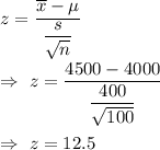 z=\dfrac{\overline{x}-\mu}{\dfrac{s}{\sqrt{n}}}\\\\\Rightarrow\ z=\dfrac{4500-4000}{\dfrac{400}{\sqrt{100}}}\\\\\Rightarrow\ z= 12.5