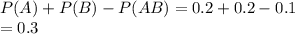 P(A)+P(B)-P(AB) =0.2+0.2-0.1\\=0.3