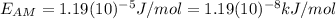 E_{AM}=1.19(10)^{-5} J/mol= 1.19(10)^{-8} kJ/mol