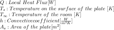 Q : Local \ Heat \ Flux [W]\\T_{s} : Temperature \ on \ the \ surface \ of \ the \ plate \ [K]\\T_{\infty} : Temperature \ of \ the \ room \ [K]\\h : Convective coefficient [\frac{W}{m^2 K} ]\\A_{s} : Area \ of \ the \ plate [m^{2}]