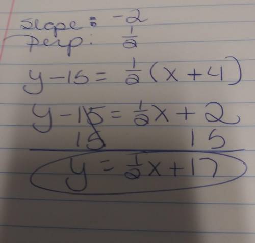 Find the equation of the line that passes through the point (-4,15) and is perpendicular to y=-2x-9