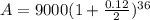 A = 9000 (1 + \frac{0.12}{2})^{36}