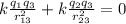 k\frac{q_1 q_3}{r_{13}^2}+k\frac{q_2 q_3}{r_{23}^2}=0