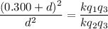 \dfrac{(0.300+d)^2}{d^2}=\dfrac{kq_{1}q_{3}}{kq_{2}q_{3}}