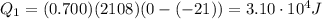 Q_1 = (0.700)(2108)(0-(-21))=3.10\cdot 10^4 J