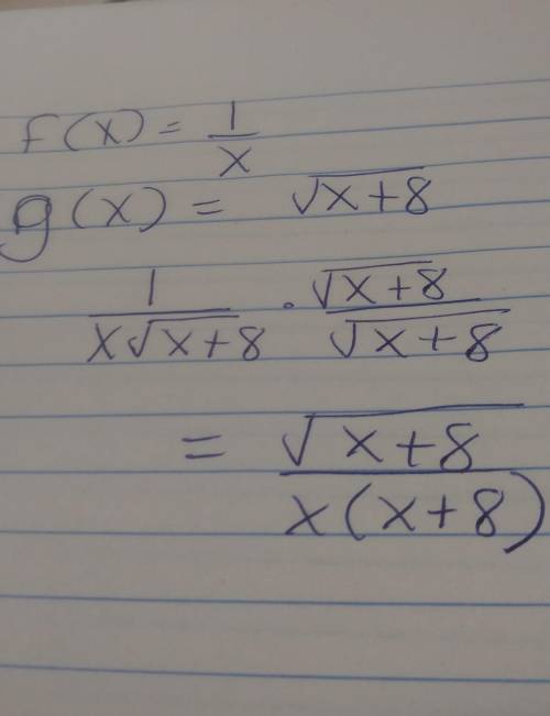 Find the domain of (f/g)(x) when f(x)=1/x and g(x)=square root x+8