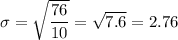 \sigma=\sqrt{\dfrac{76}{10}}=\sqrt{7.6}=2.76