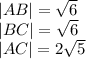 |AB|=\sqrt {6}\\|BC|=\sqrt {6}\\|AC|=2\sqrt {5}