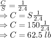 \frac{C}{S}=\frac{1}{2.4}\\\Rightarrow C=S\frac{1}{2.4}\\\Rightarrow C=150\frac{1}{2.4}\\\Rightarrow C=62.5\ lb