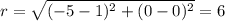 r=\sqrt{(-5-1)^{2}+(0-0)^{2}}=6