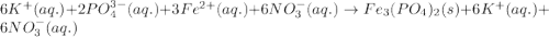 6K^+(aq.)+2PO_4^{3-}(aq.)+3Fe^{2+}(aq.)+6NO_3^-(aq.)\rightarrow Fe_3(PO_4)_2(s)+6K^+(aq.)+6NO_3^-(aq.)