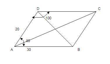 Aparallelogram has sides 20cm and 30cm with an angle of 80 between the two sides. what is the length