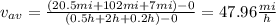 v_{av}=\frac{(20.5mi+102mi+7mi)-0}{(0.5h+2h+0.2h)-0}=47.96\frac{mi}{h}