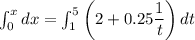 \int_{0}^{x}dx=\int_{1}^{5} \left(2+0.25\dfrac{1}{t}\right)dt