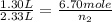 \frac{1.30L}{2.33L}=\frac{6.70mole}{n_2}