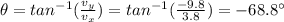 \theta = tan^{-1} (\frac{v_y}{v_x})=tan^{-1} (\frac{-9.8}{3.8})=-68.8^{\circ}
