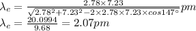 \lambda_{e}=\frac{2.78\times 7.23}{\sqrt{2.78^{2}+7.23^{2}-2\times 2.78\times 7.23\times cos147^\circ }} pm\\\lambda_{e}=\frac{20.0994}{9.68} = 2.07 pm