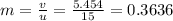 m=\frac{v}{u}=\frac{5.454}{15}=0.3636