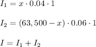 I_1=x\cdot 0.04\cdot 1\\ \\I_2=(63,500-x)\cdot 0.06\cdot 1\\ \\I=I_1+I_2