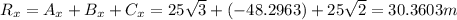 R_{x} =A_{x} +B_{x} +C_{x}=25\sqrt{3}  +(-48.2963)+25\sqrt{2} =30.3603m
