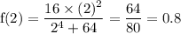 \rm f(2) = \dfrac{16\times (2)^2}{2^4+64}=\dfrac{64}{80}=0.8