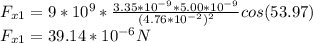 F_{x1} =9*10^9*\frac{3.35*10^{-9}*5.00*10^{-9}}{(4.76*10^{-2})^2} cos(53.97)\\F_{x1}=39.14*10^{-6}N